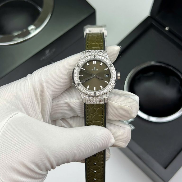 Hublot Classic Fusion Titanium Green 33mm Custom Moissanite Diamonds