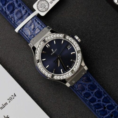 Hublot Classic Fusion 33mm Blue Dial Watch with Custom Moissanite Diamonds - Image 2