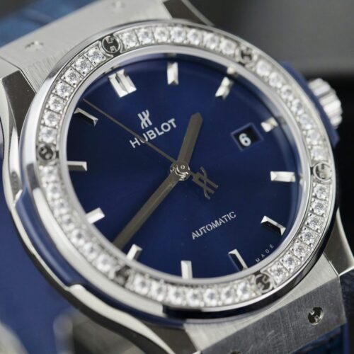 Hublot Classic Fusion Titanium Blue Dial 42mm Custom Moissanite Diamonds - Image 3