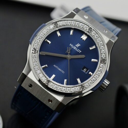 Hublot Classic Fusion Titanium Blue Dial 42mm Custom Moissanite Diamonds - Image 4