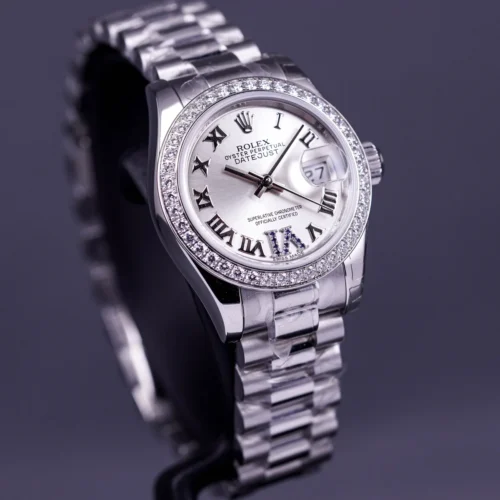 Datejust 26mm Platinum Diamond Ring Silver Roman Dial with Sapphire on 6 - Image 2