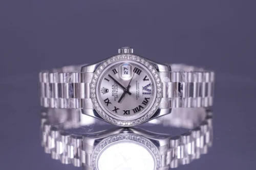 Datejust 26mm Platinum Diamond Ring Silver Roman Dial with Sapphire on 6 - Image 4