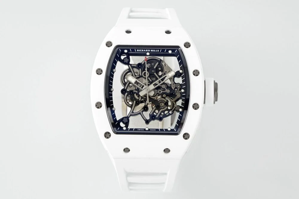 RM055 APSF White Cer/RU Skeleton Dial On White Rubber Strap 