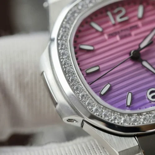 Patek Philippe Nautilus 7010R Imitation Watch Purple Pink Dial Diamonds Bezel 32mm - Image 7