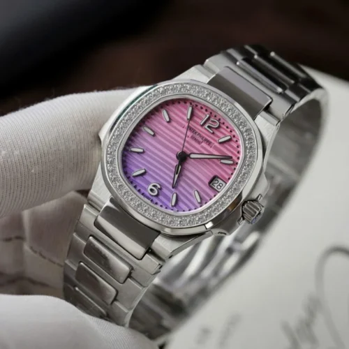 Patek Philippe Nautilus 7010R Imitation Watch Purple Pink Dial Diamonds Bezel 32mm - Image 6