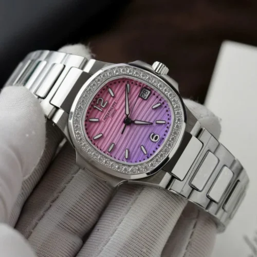 Patek Philippe Nautilus 7010R Imitation Watch Purple Pink Dial Diamonds Bezel 32mm - Image 2
