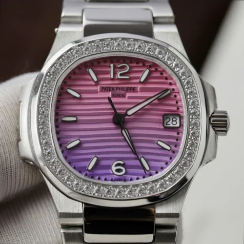 Patek Philippe Nautilus 7010R Imitation Watch Purple Pink Dial Diamonds Bezel 32mm - Image 3