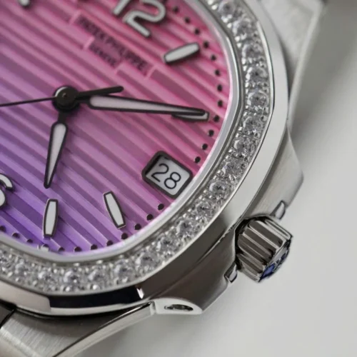 Patek Philippe Nautilus 7010R Imitation Watch Purple Pink Dial Diamonds Bezel 32mm - Image 4
