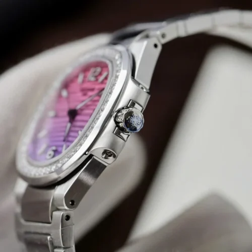 Patek Philippe Nautilus 7010R Imitation Watch Purple Pink Dial Diamonds Bezel 32mm - Image 5