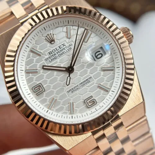 Land-Dweller 127335 40mm Rose Gold Replica White/Honeycomb Dial - Image 6
