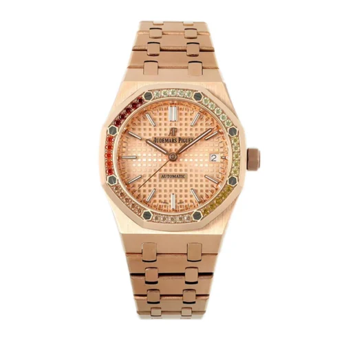 Royal Oak 15450ST 37mm Champagne Dial in Rose Gold with Rainbow Diamond Bezel