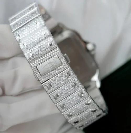 Cartier Santos Green Dial Watch with Custom Moissanite Diamonds - Image 8