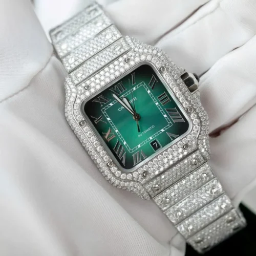 Cartier Santos Green Dial Watch with Custom Moissanite Diamonds - Image 3