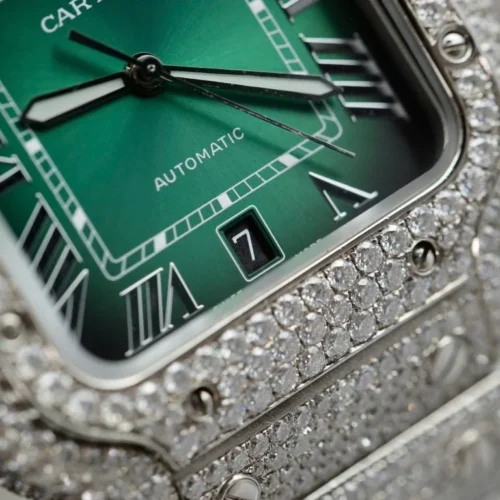 Cartier Santos Green Dial Watch with Custom Moissanite Diamonds - Image 4