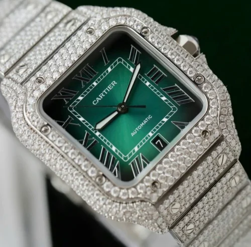 Cartier Santos Green Dial Watch with Custom Moissanite Diamonds - Image 5