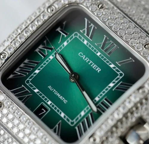 Cartier Santos Green Dial Watch with Custom Moissanite Diamonds - Image 6