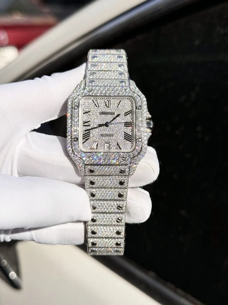 Cartier Santos Super Clone Watch with Full Diamond Moissanite