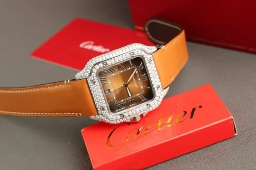 Cartier Santos Brown Dial Super Clone Watch with Custom Moissanite Diamonds - Image 2