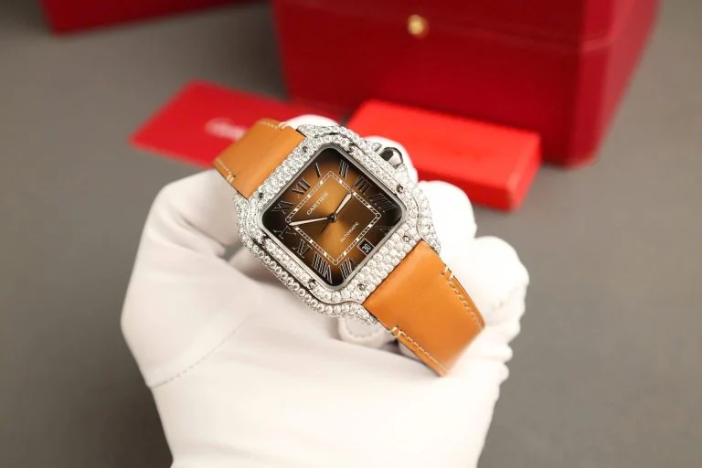 Cartier Santos Brown Dial Super Clone Watch with Custom Moissanite Diamonds