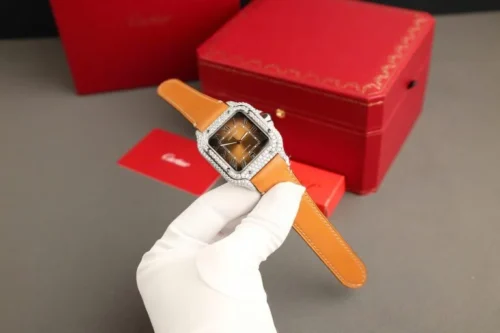 Cartier Santos Brown Dial Super Clone Watch with Custom Moissanite Diamonds - Image 3
