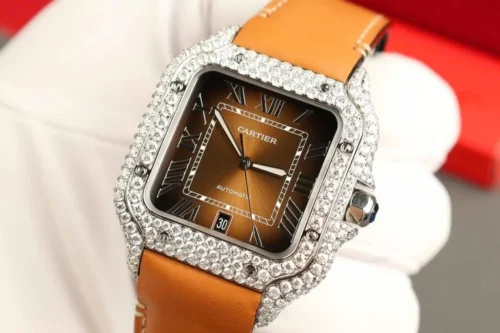 Cartier Santos Brown Dial Super Clone Watch with Custom Moissanite Diamonds - Image 4