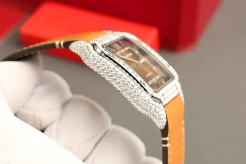 Cartier Santos Brown Dial Super Clone Watch with Custom Moissanite Diamonds - Image 5