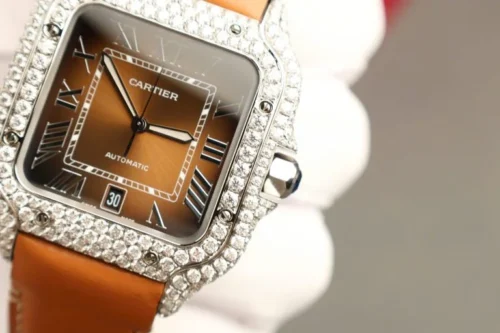 Cartier Santos Brown Dial Super Clone Watch with Custom Moissanite Diamonds - Image 6