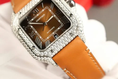 Cartier Santos Brown Dial Super Clone Watch with Custom Moissanite Diamonds - Image 7