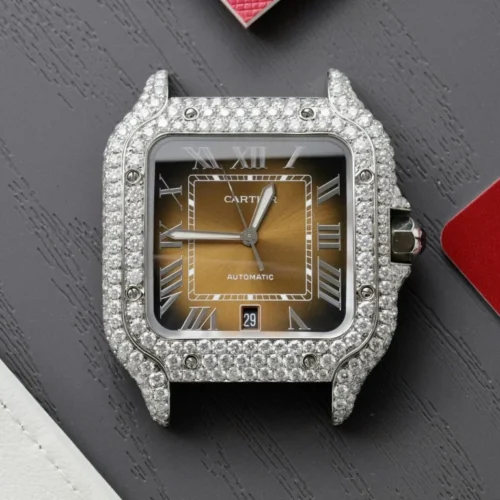 Cartier Santos Brown Dial Super Clone with Custom Moissanite Diamonds - Image 3