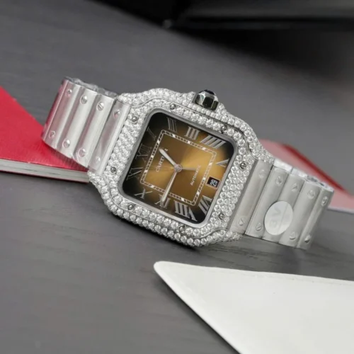 Cartier Santos Brown Dial Super Clone with Custom Moissanite Diamonds