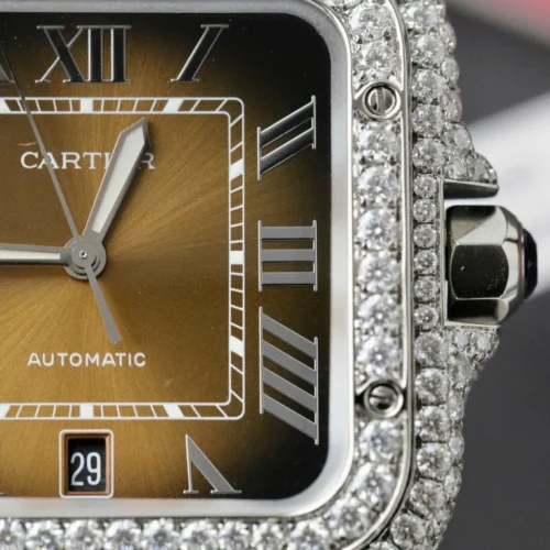 Cartier Santos Brown Dial Super Clone with Custom Moissanite Diamonds - Image 2