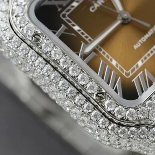 Cartier Santos Brown Dial Super Clone with Custom Moissanite Diamonds - Image 6