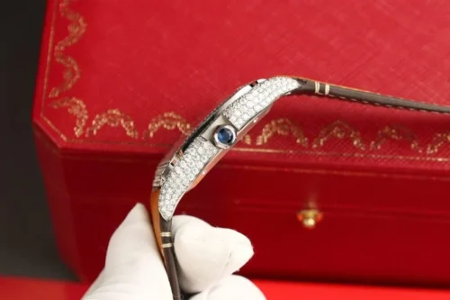 Cartier Santos White Dial Super Clone Watch with Custom Moissanite Diamonds - Image 6