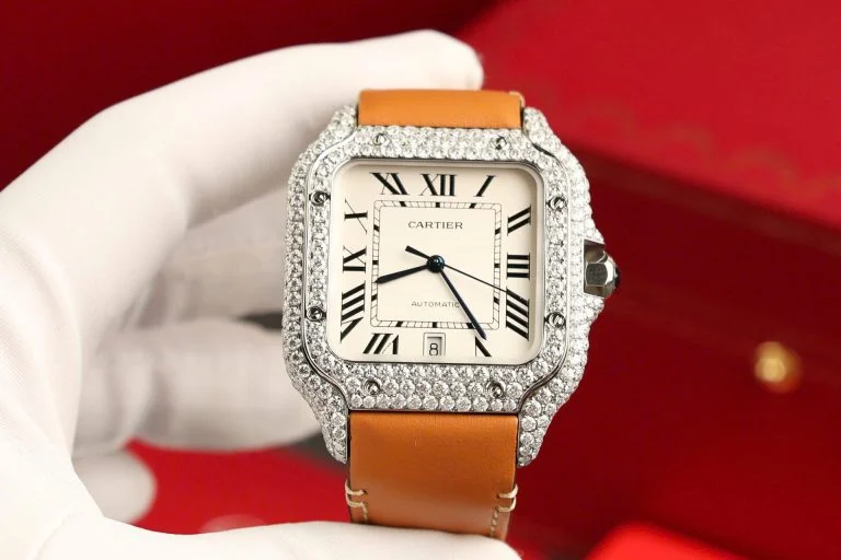 Cartier Santos White Dial Super Clone Watch with Custom Moissanite Diamonds