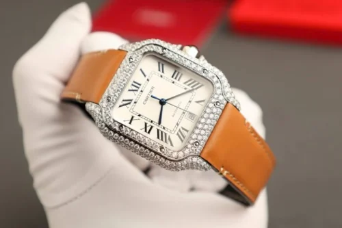 Cartier Santos White Dial Super Clone Watch with Custom Moissanite Diamonds - Image 2
