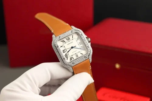 Cartier Santos White Dial Super Clone Watch with Custom Moissanite Diamonds - Image 3