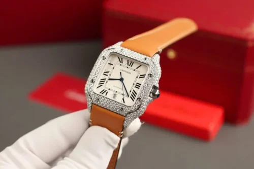 Cartier Santos White Dial Super Clone Watch with Custom Moissanite Diamonds - Image 4