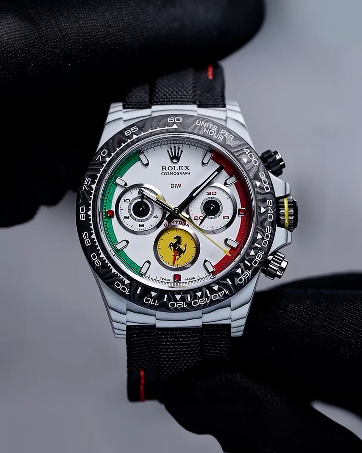Daytona DIW Ferrari White Carbon DIWF Best Edition White Italy Dial on Black Nylon Strap DD4801 Super Clone