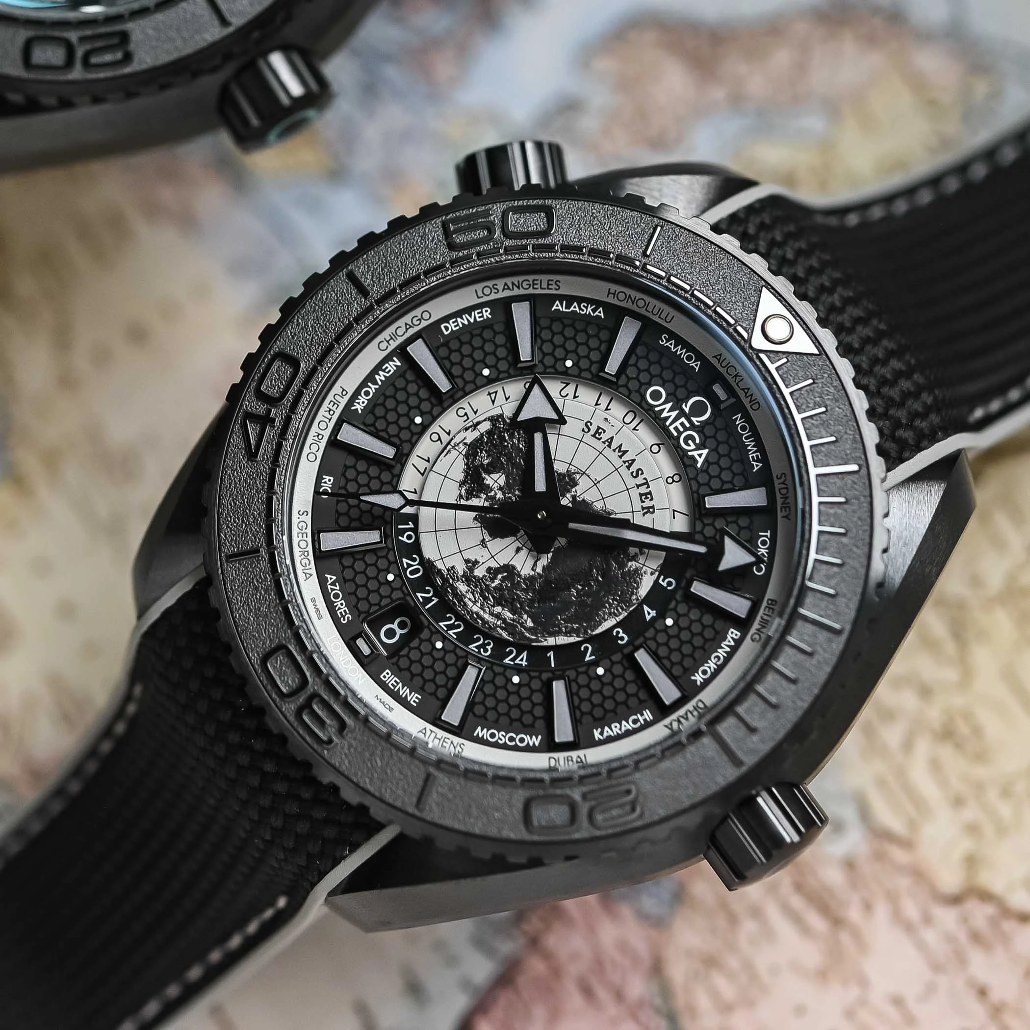 Planet Ocean 45.5mm GMT Worldtimer Real Ceramic VSF 1:1 Best Edition Black/Gray Dial On Black Rubber Strap Super Clone 8938