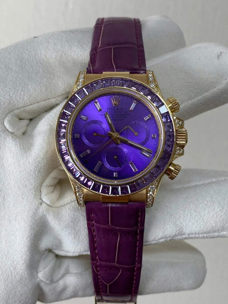 Rolex Cosmograph Daytona Purple Custom 18K Solid Gold + Natural Gemstone Watch 40mm Super Clone