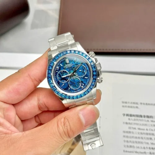 Rolex Super Clone Watches 1:1 Daytona Arolla Blue Crystal Skeleton Dial Diamonds Bezel 4130 Movement