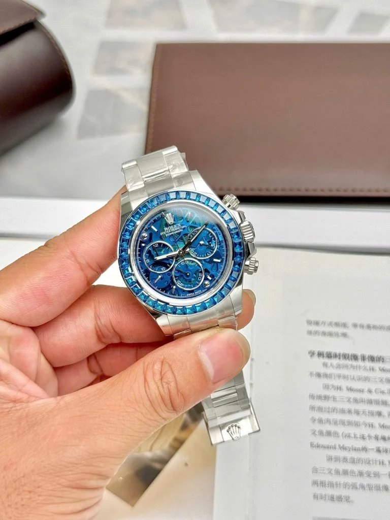 Rolex Super Clone Watches 1:1 Daytona Arolla Blue Crystal Skeleton Dial Diamonds Bezel 4130 Movement