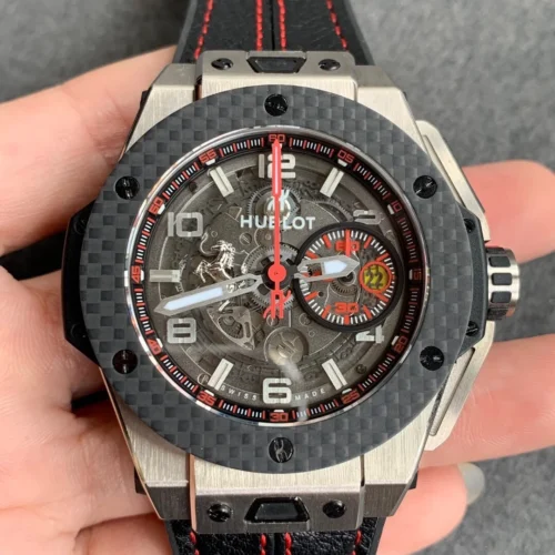 Big Bang Ferrari Titanium HBBF 1:1 Best Edition Carbon Fiber Bezel on Black Leather Strap A1241