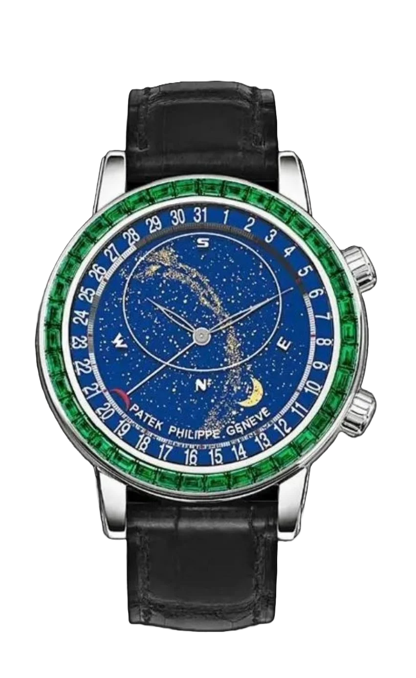 Grand Complications 6102 SS 3KF Best Edition Green Diamonds Bezel Blue Dial on Blue Leather Strap A240