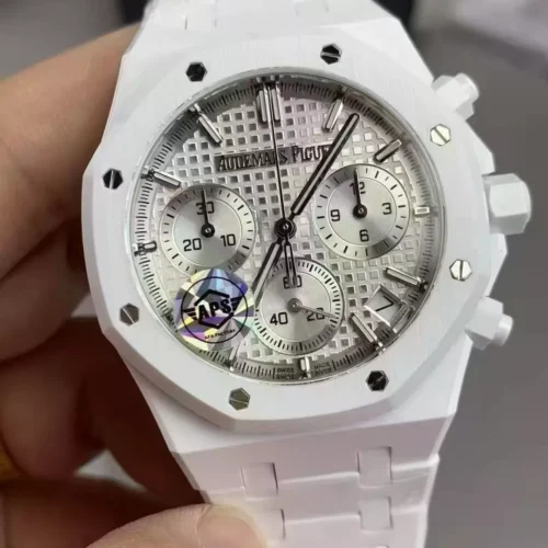 Royal Oak Chrono 26240 White Ceramic APSF 1:1 Best Edition Silver Dial On White Ceramic Bracelet SA4401 Super Clone