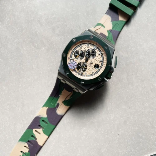 Royal Oak Offshore Chronograph “CAMO” 26400SO Beige colored textured dial Camouflage rubber strap