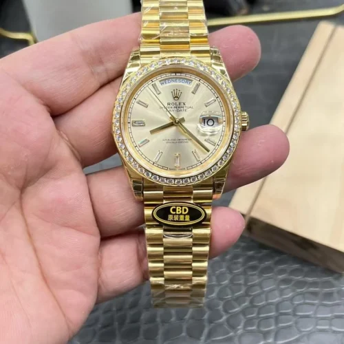 Rolex Oyster Perpetual Day-Date Watch in Yellow Gold with a Champagne President Bracelet 210g Super Clone