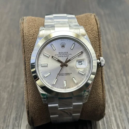 Rolex Oyster Perpetual Datejust 41 mm watch with a silver index dial, smooth stainless steel bezel, and Oyster bracelet
