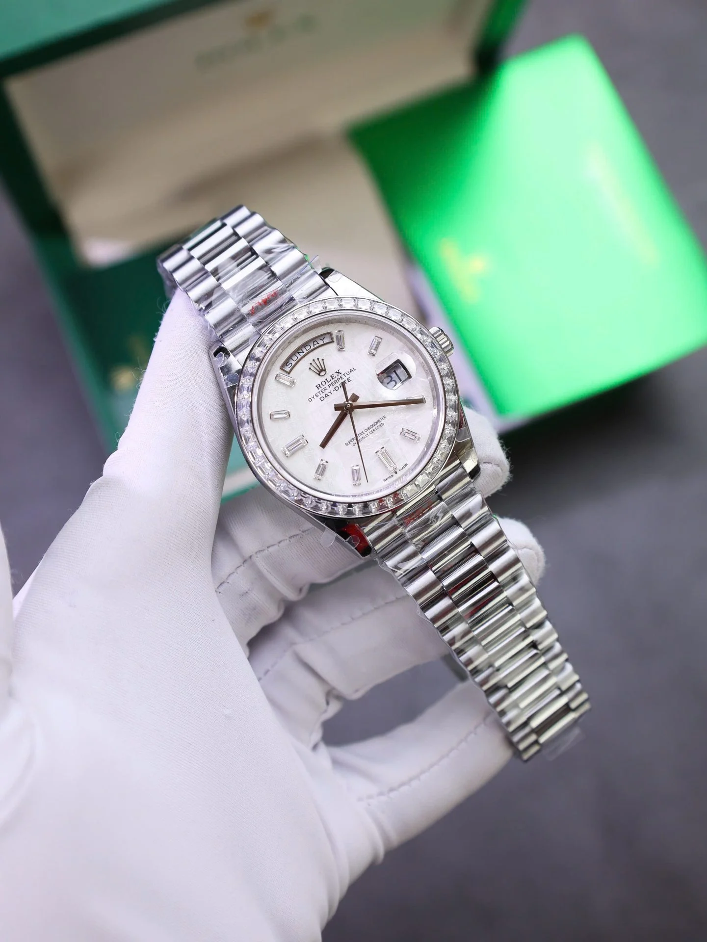 Rolex Day-Date Meteorite Dial Custom Moissanite Baguette Diamonds 40mm Super Clone